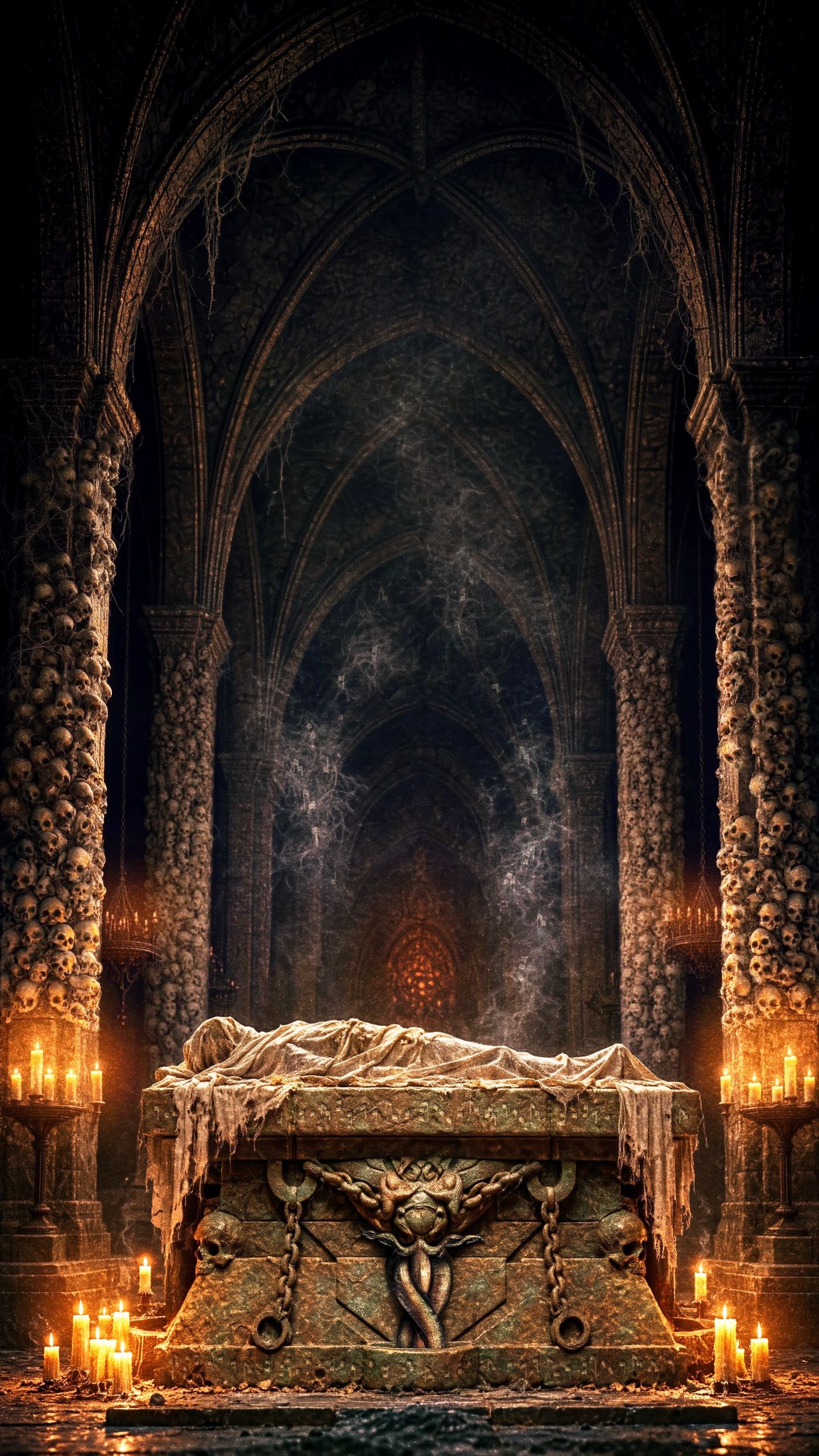 A candlelit cathedral crypt with skull-lined pillars and a shrouded figure on a stone altar
